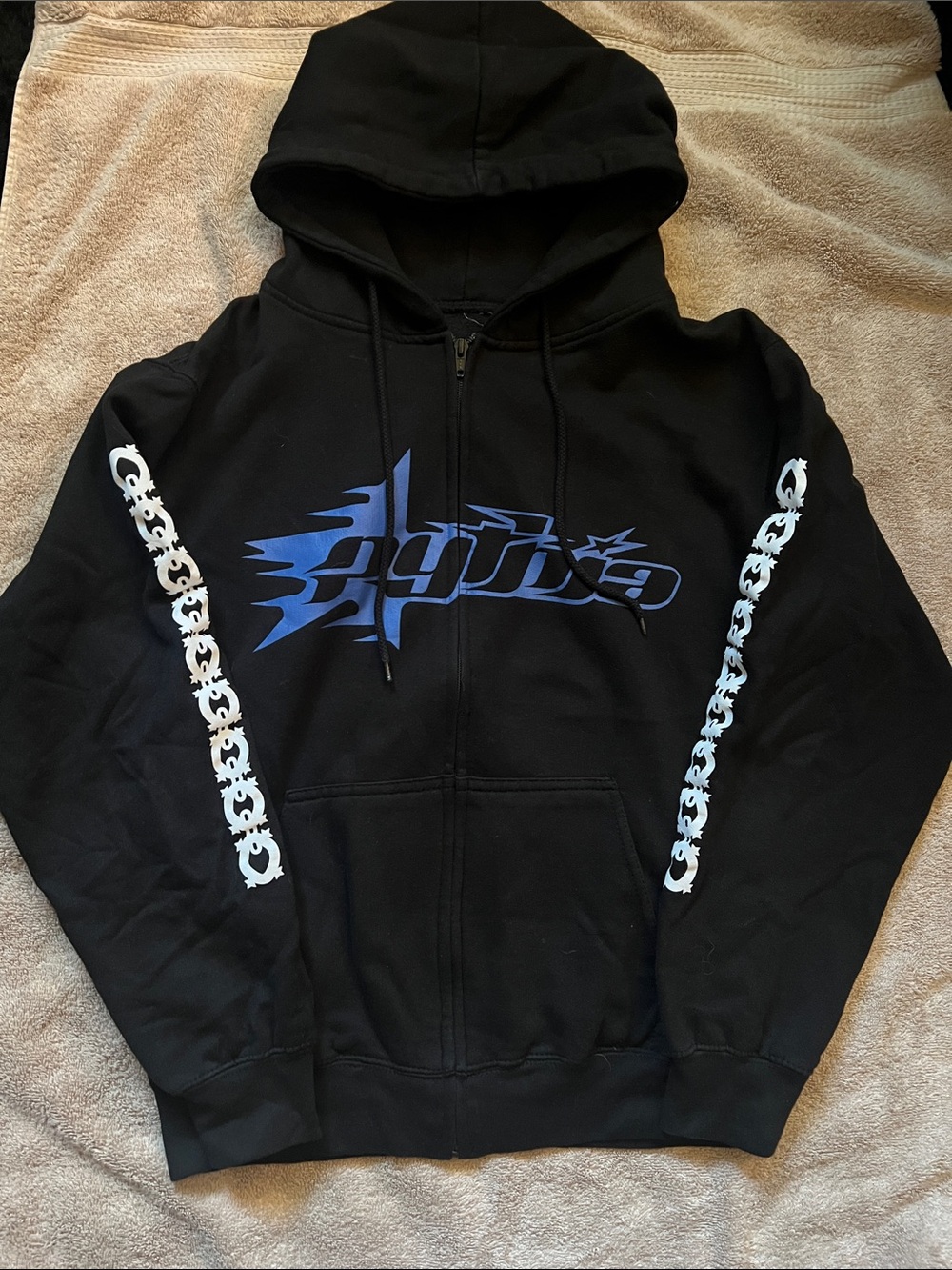Men's Black Zip-Up Hoodie with Blue Graphic